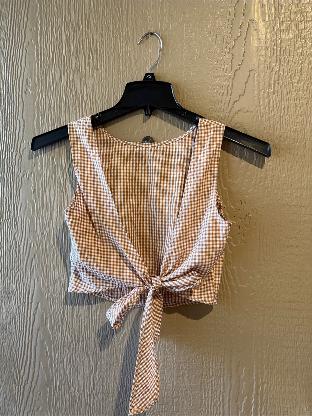 SHEIN Brown Gingham Tie-Front Crop Top